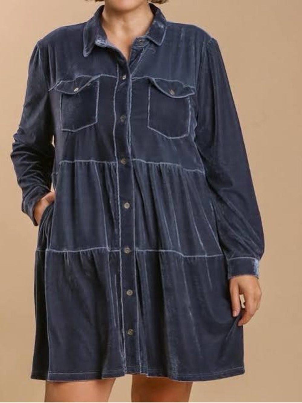 Umgee | Velvet Tiered Shirt Dress in Charcoal Sz S